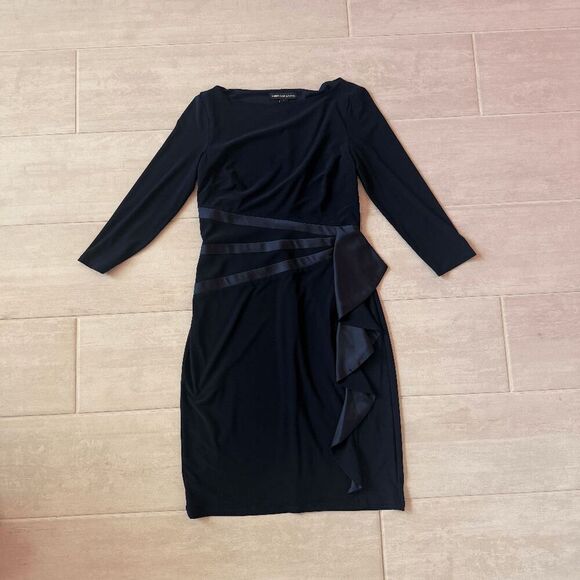 American Living Ruffled Sheath Midi Dress Navy Blue 6 Sleeve Elegant Boat Neck - Picture 1 of 7